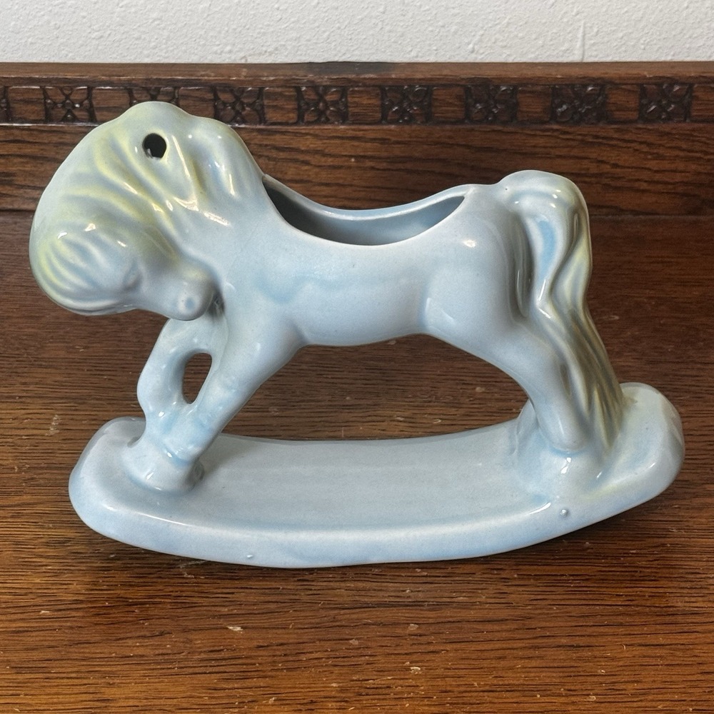 Vintage Blue Yellow Horse Planter Ceramic Mid Century Horse Figurine